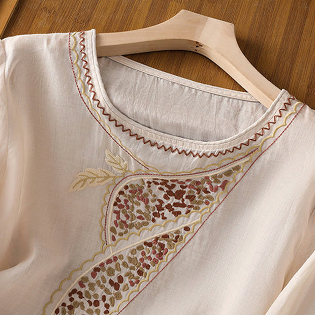 Buddha Stones Ethnic Embroidery Crew Neck Cotton Linen Pullover Clothing Women's Shirts BS 26