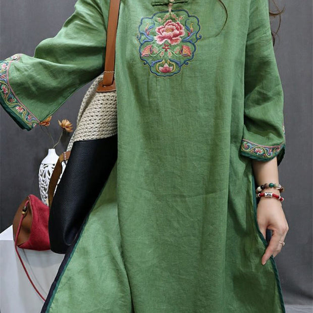 Buddha Stones Flower Embroidery Stand Collar Knot Button Cotton Midi Dress