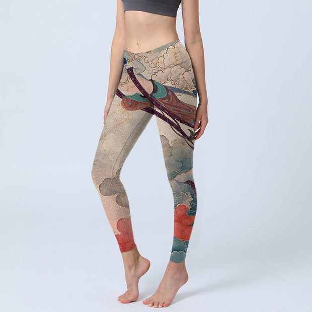 Buddha Stones Dunhuang Flying Apsaras Auspicious Clouds Print Fitness Leggings Women's Yoga Pants