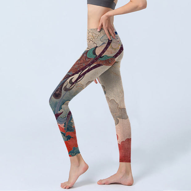 Buddha Stones Dunhuang Flying Apsaras Auspicious Clouds Print Fitness Leggings Women's Yoga Pants