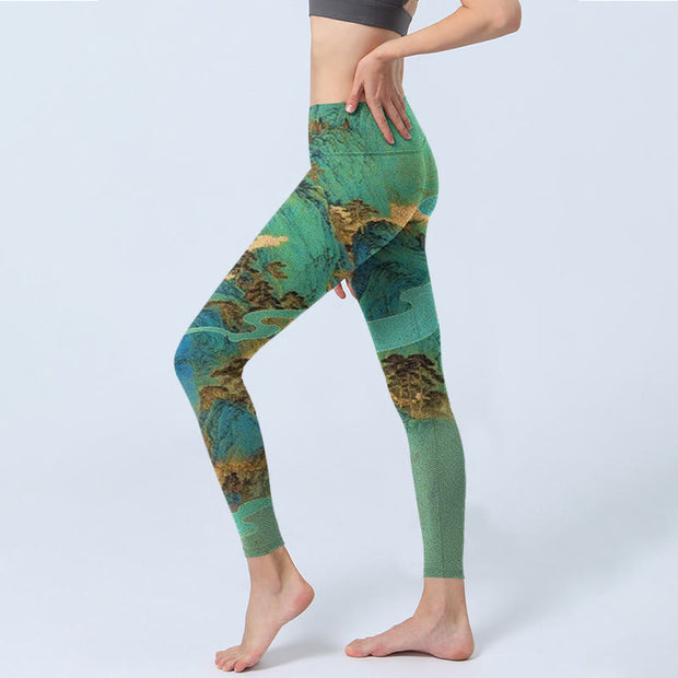 Buddha Stones Chinese Style Green Mountains Landscape Print Lycra Fabric Fitness Leggings Women's Yoga Pants - image 3