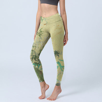 Buddha Stones Bamboo Print Lycra Fabric Fitness Leggings Women's Yoga Pants - PaleGoldenrod - US18，UK/AU22，EU50 (4XL) - image 1