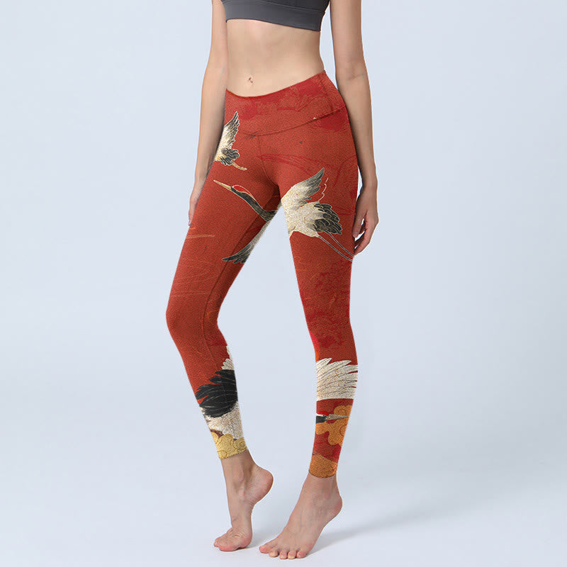 Buddha Stones Crane Print Lycra Fabric Fitness Leggings Women's