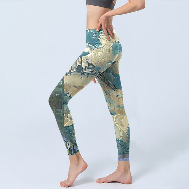 Buddha Stones Chinese Architecture Dark Sea Green Print Fitness Leggings Women's Yoga Pants