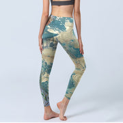 Buddha Stones Chinese Architecture Dark Sea Green Print Fitness Leggings Women's Yoga Pants