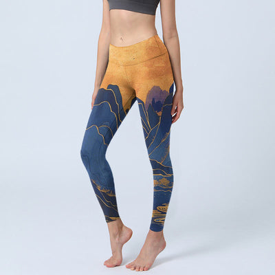 Buddha Stones Dark Blue Mountain Sunset Print Fitness Leggings Women's Yoga Pants - MidnightBlue - US18，UK/AU22，EU50 (4XL) - image 1