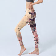 Buddha Stones Pink Sakura Antique Building Print Fitness Leggings Women's Yoga Pants