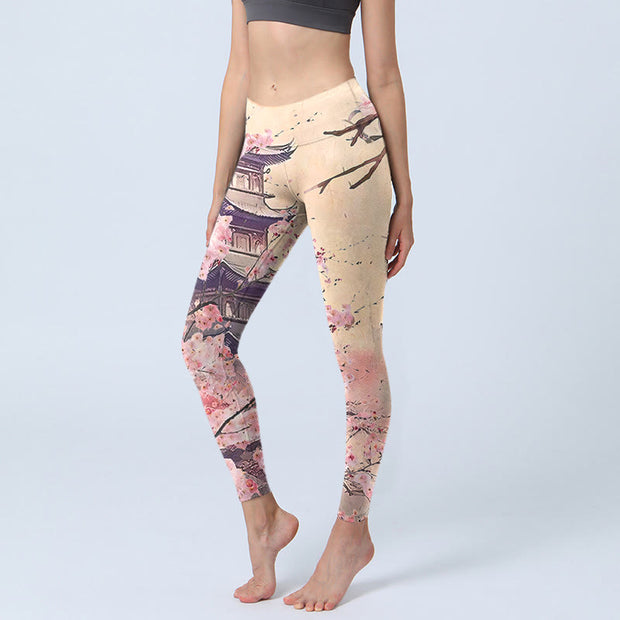 Buddha Stones Pink Sakura Antique Building Print Fitness Leggings Women's Yoga Pants