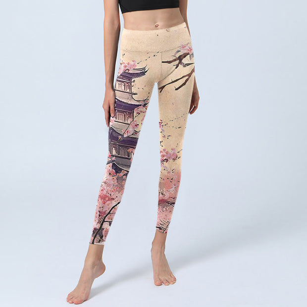 Buddha Stones Pink Sakura Antique Building Print Fitness Leggings Women's Yoga Pants