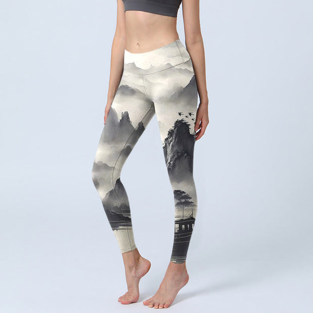 Buddha Stones Splash-ink Landscape Painting Print Fitness Leggings Women's Yoga Pants - Ink Landscape - US18，UK/AU22，EU50 (4XL) - image 1