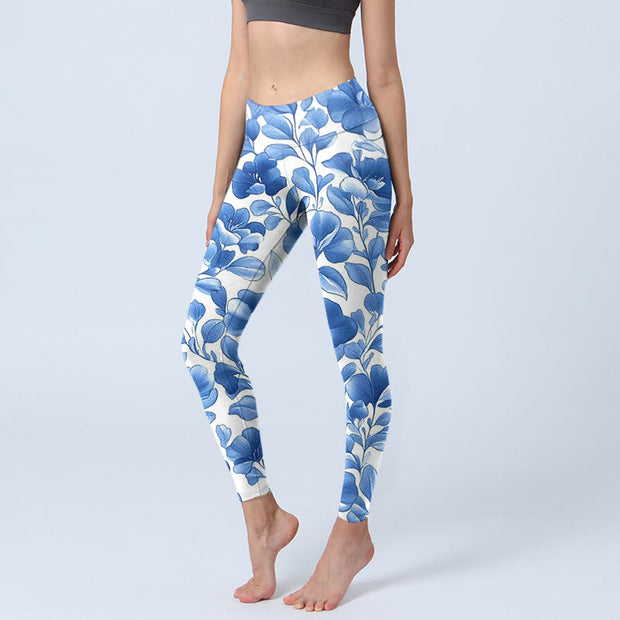 Buddha Stones Blue Flowers Print Fitness Leggings Women's Yoga Pants