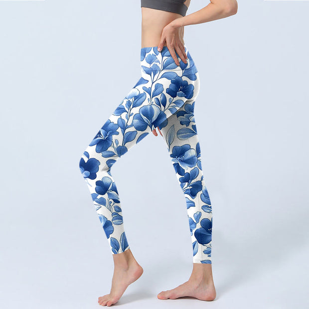 Buddha Stones Blue Flowers Print Fitness Leggings Women's Yoga Pants - image 3