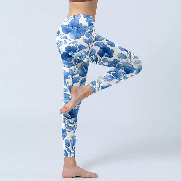 Buddha Stones Blue Flowers Print Fitness Leggings Women's Yoga Pants - image 4