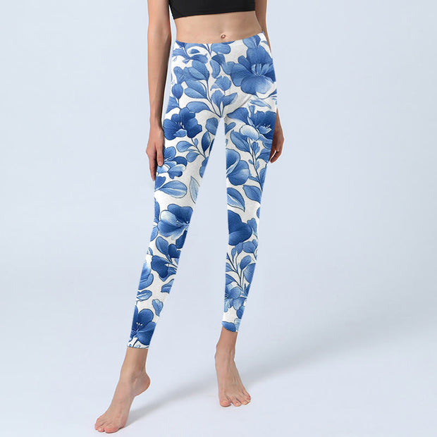 Buddha Stones Blue Flowers Print Fitness Leggings Women's Yoga Pants - image 6