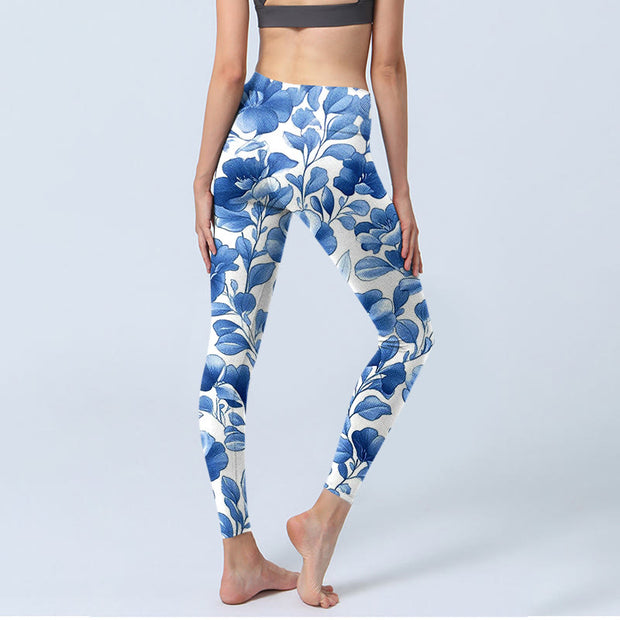 Buddha Stones Blue Flowers Print Fitness Leggings Women's Yoga Pants - image 5
