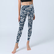 Buddha Stones Dark Blue Flower Print Fitness Leggings Women's Yoga Pants