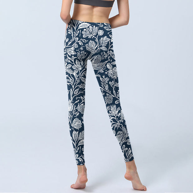 Buddha Stones Dark Blue Flower Print Fitness Leggings Women's Yoga Pants