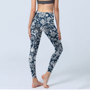 Buddha Stones Dark Blue Flower Print Fitness Leggings Women's Yoga Pants