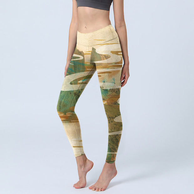 Buddha Stones Green Mountains Clouds Mist Print Fitness Leggings Women's Yoga Pants - LemonChiffon - US18，UK/AU22，EU50 (4XL) - image 1