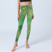 Buddha Stones Green Bamboo Pavilion Print Gym Leggings Women's Yoga Pants