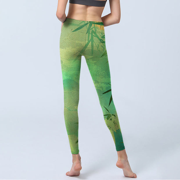 Buddha Stones Green Bamboo Pavilion Print Gym Leggings Women's Yoga Pants - image 6