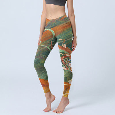 Buddha Stones Dunhuang Flying Apsaras Print Gym Leggings Women's Yoga Pants - OliveDrab - US18，UK/AU22，EU50 (4XL) - image 1