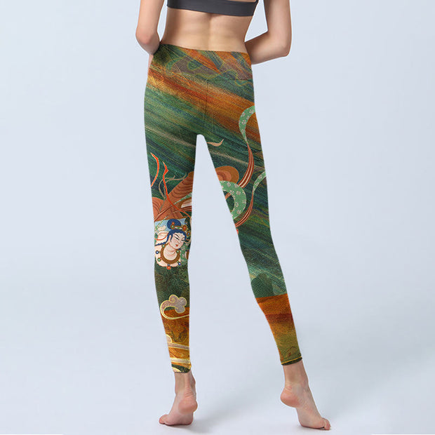 Buddha Stones Dunhuang Flying Apsaras Print Gym Leggings Women's Yoga Pants