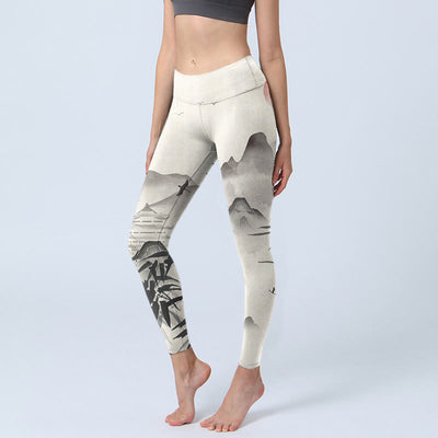Buddha Stones Ink Bamboo Mountains Print Gym Leggings Women's Yoga Pants - Ivory - US18，UK/AU22，EU50 (4XL) - image 1