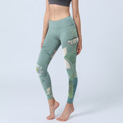 Buddha Stones Lotus Leaf Bird Print Gym Leggings Women's Yoga Pants - CadetBlue - US18，UK/AU22，EU50 (4XL) - image 1