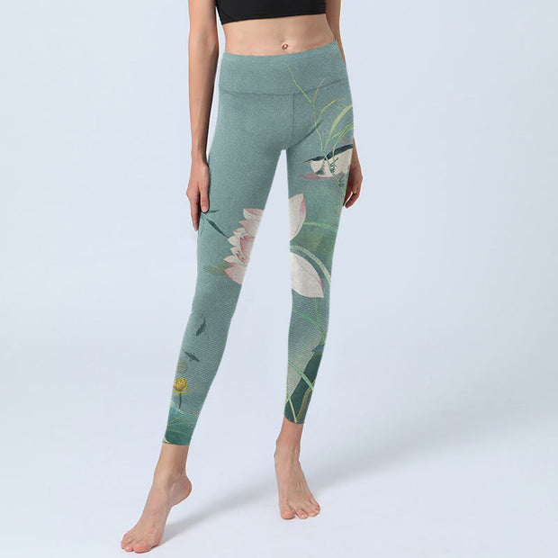 Buddha Stones Lotus Leaf Bird Print Gym Leggings Women's Yoga Pants - image 6