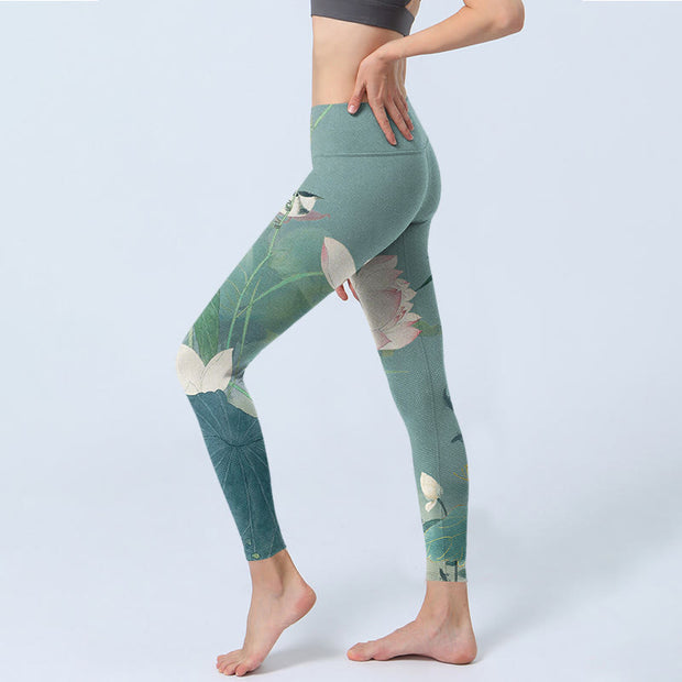 Buddha Stones Lotus Leaf Bird Print Gym Leggings Women's Yoga Pants - image 3