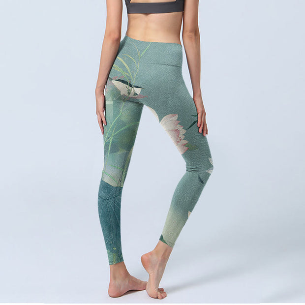 Buddha Stones Lotus Leaf Bird Print Gym Leggings Women's Yoga Pants - image 5