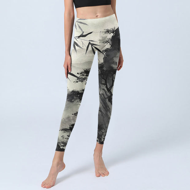 Buddha Stones Ink Bamboo Pine Mountains Print Gym Leggings Women's Yoga Pants - image 6