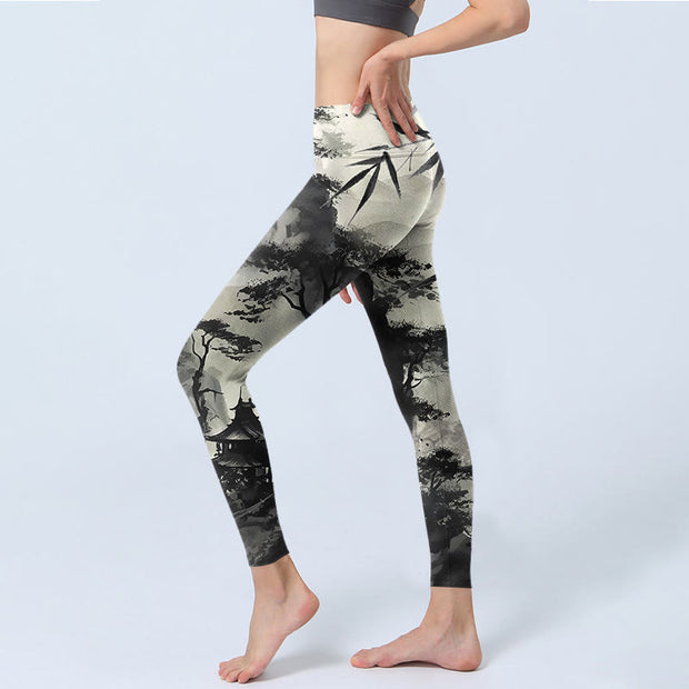 Buddha Stones Ink Bamboo Pine Mountains Print Gym Leggings Women's Yoga Pants - image 3