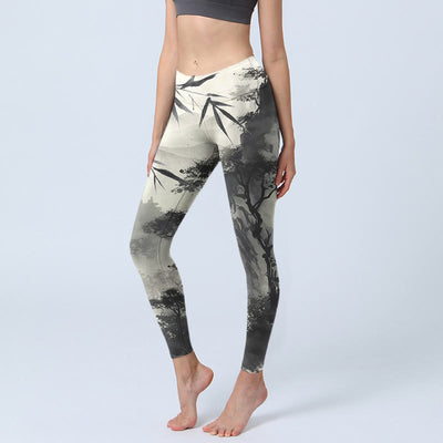 Buddha Stones Ink Bamboo Pine Mountains Print Gym Leggings Women's Yoga Pants - LightGrey - US18，UK/AU22，EU50 (4XL) - image 1