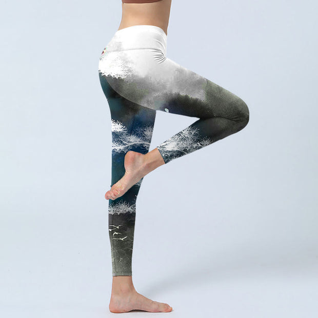 Buddha Stones Ink Painting Pine Tree Print Gym Leggings Women's Yoga Pants - image 4