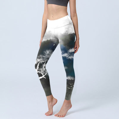 Buddha Stones Ink Painting Pine Tree Print Gym Leggings Women's Yoga Pants - Gray - US18，UK/AU22，EU50 (4XL) - image 1