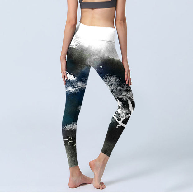 Buddha Stones Ink Painting Pine Tree Print Gym Leggings Women's Yoga Pants