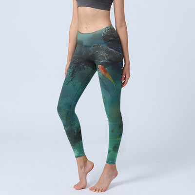 Buddha Stones Pond Koi Fish Rocks Print Sports Leggings Women's Yoga Pants - DarkSeaGreen - US18，UK/AU22，EU50 (4XL) - image 1
