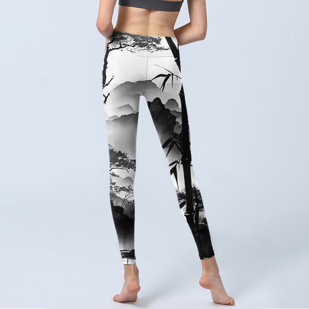 Buddha Stones Ink Painting Bamboo Pine Mountain Scenery Print Gym Leggings Women's Yoga Pants - image 7