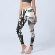 Buddha Stones Ink Painting Bamboo Pine Mountain Scenery Print Gym Leggings Women's Yoga Pants - DarkGray - US18，UK/AU22，EU50 (4XL) - image 1