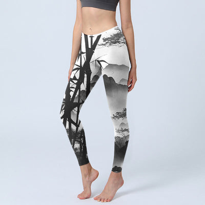 Buddha Stones Ink Painting Bamboo Pine Mountain Scenery Print Gym Leggings Women's Yoga Pants - DarkGray - US18，UK/AU22，EU50 (4XL) - image 1