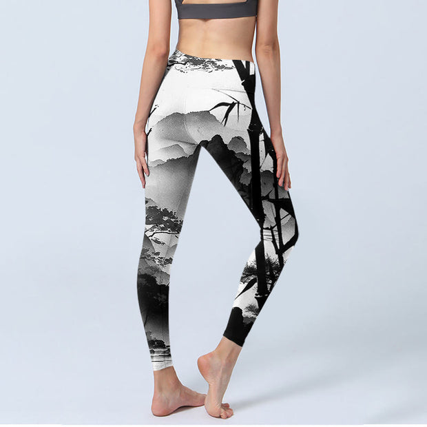 Buddha Stones Ink Painting Bamboo Pine Mountain Scenery Print Gym Leggings Women's Yoga Pants