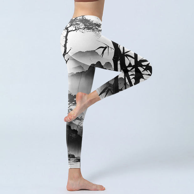 Buddha Stones Ink Painting Bamboo Pine Mountain Scenery Print Gym Leggings Women's Yoga Pants - image 4