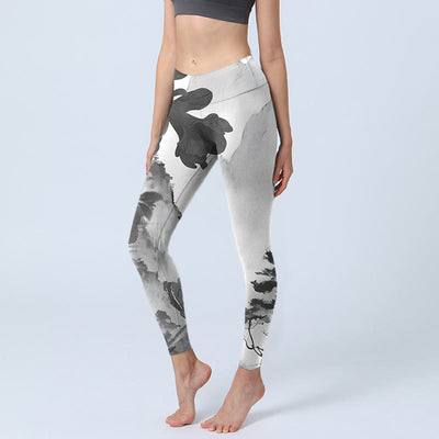 Buddha Stones Ink Painting Trees Mountains Scenery Print Gym Leggings Women's Yoga Pants - WhiteSmoke - US18，UK/AU22，EU50 (4XL) - image 1