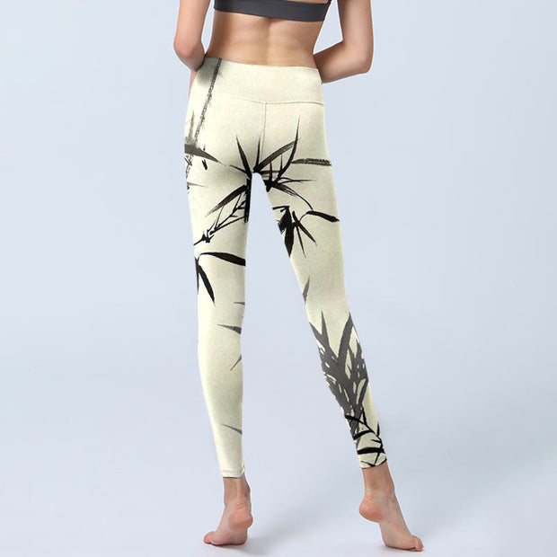 Buddha Stones Ink Painting Bamboo Leaves Print Sports Leggings Women's Yoga Pants