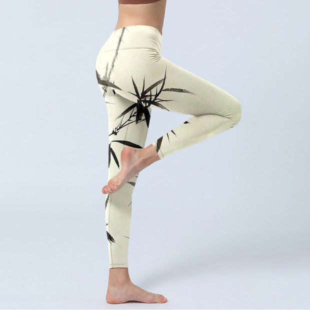 Buddha Stones Ink Painting Bamboo Leaves Print Sports Leggings Women's Yoga Pants - image 3