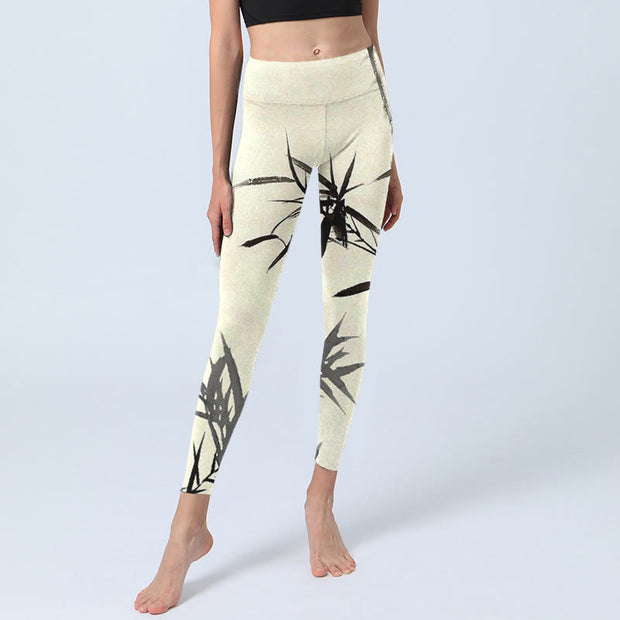 Buddha Stones Ink Painting Bamboo Leaves Print Sports Leggings Women's Yoga Pants