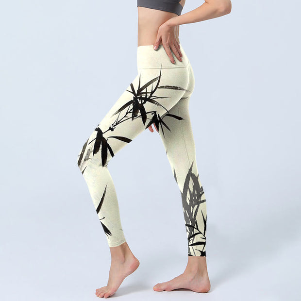 Buddha Stones Ink Painting Bamboo Leaves Print Sports Leggings Women's Yoga Pants - image 4