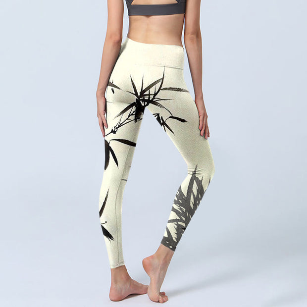 Buddha Stones Ink Painting Bamboo Leaves Print Sports Leggings Women's Yoga Pants - image 5